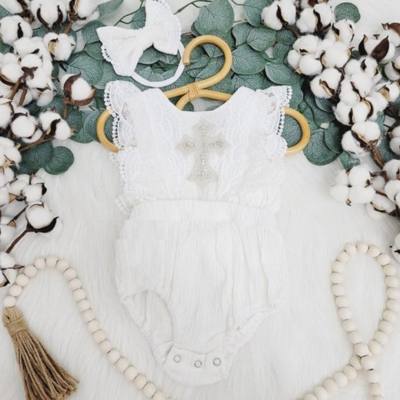Floral Lace Boho Birthday Christening Dress Clothes Baptism Outfit White Romper